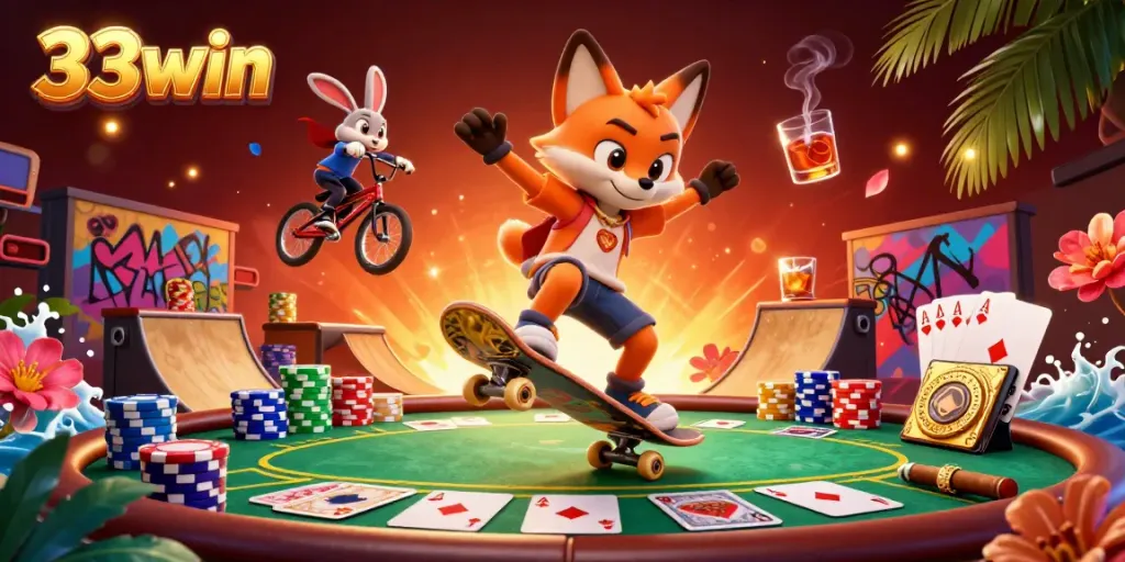 Experience thrilling moments with 33win through an action-packed 3D casino scene.