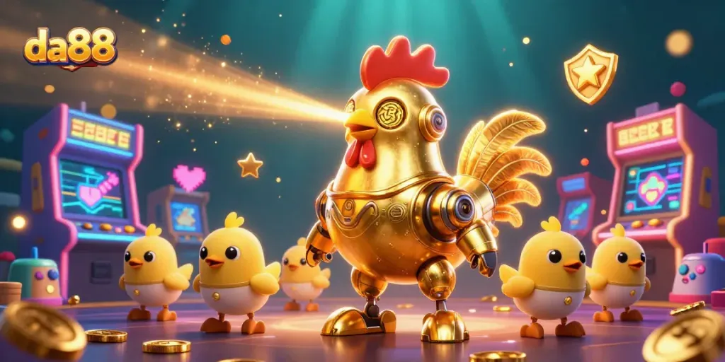 Experience the thrill of da88 with a vibrant 3D casino scene featuring a golden rooster robot.