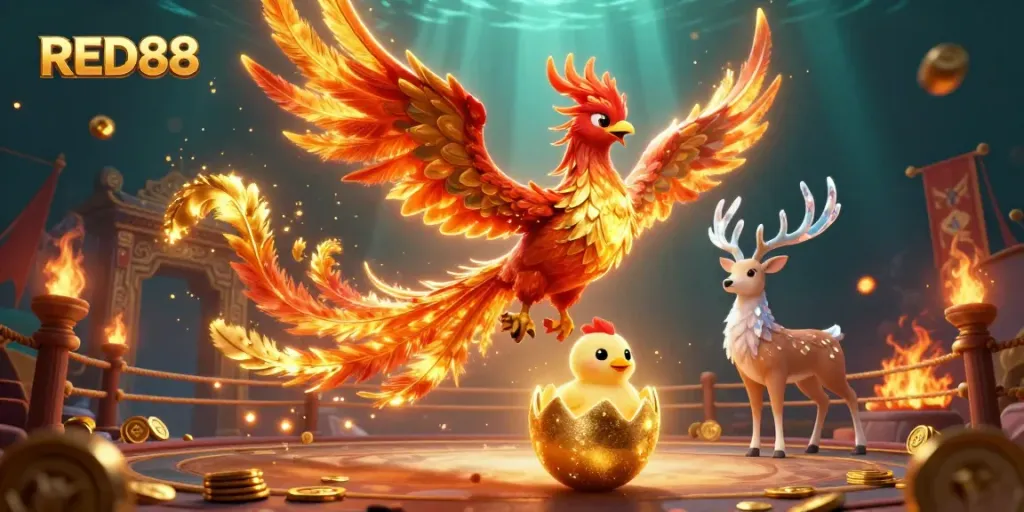 Experience thrilling gameplay at RED88 with a vibrant scene featuring phoenix and mystical stag amidst casino elements.