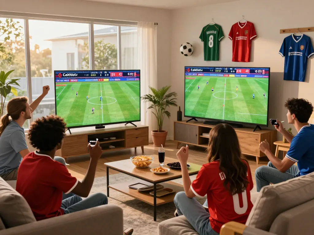 Friends enjoying a live football match on Cakhiatv, creating a lively atmosphere with jerseys and snacks.