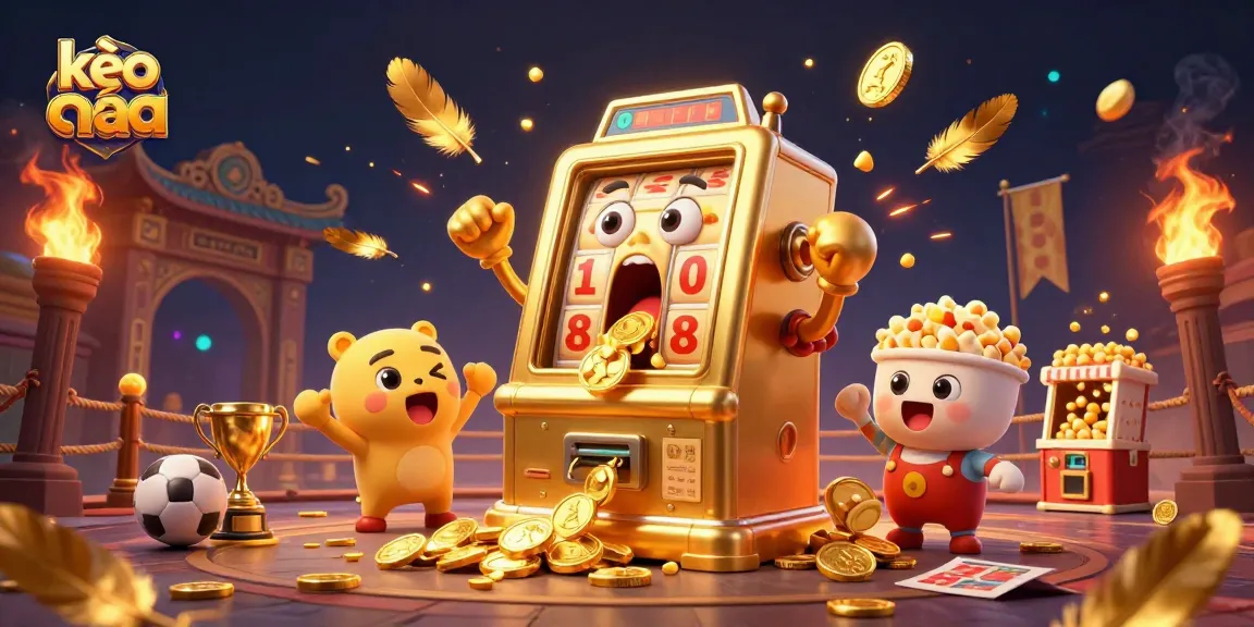 Experience kèo nhà cái thrills with a lively depiction of slot machines celebrating a jackpot amidst sports betting elements.
