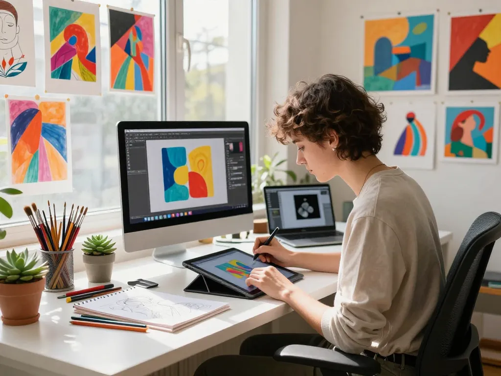 Artist generating an image prompt in a vibrant digital art studio filled with creative supplies and natural light.