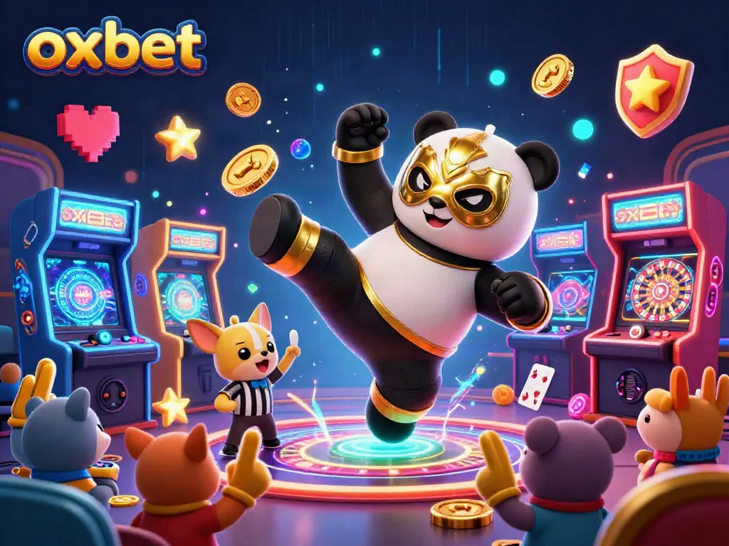 Experience the excitement at oxbet with a panda in a luchador mask showcasing a thrilling kick, surrounded by vibrant casino elements.
