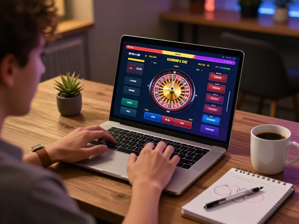 Kuwin online gaming scene featuring a player engaged in a live casino game with vibrant graphics and a cozy atmosphere
