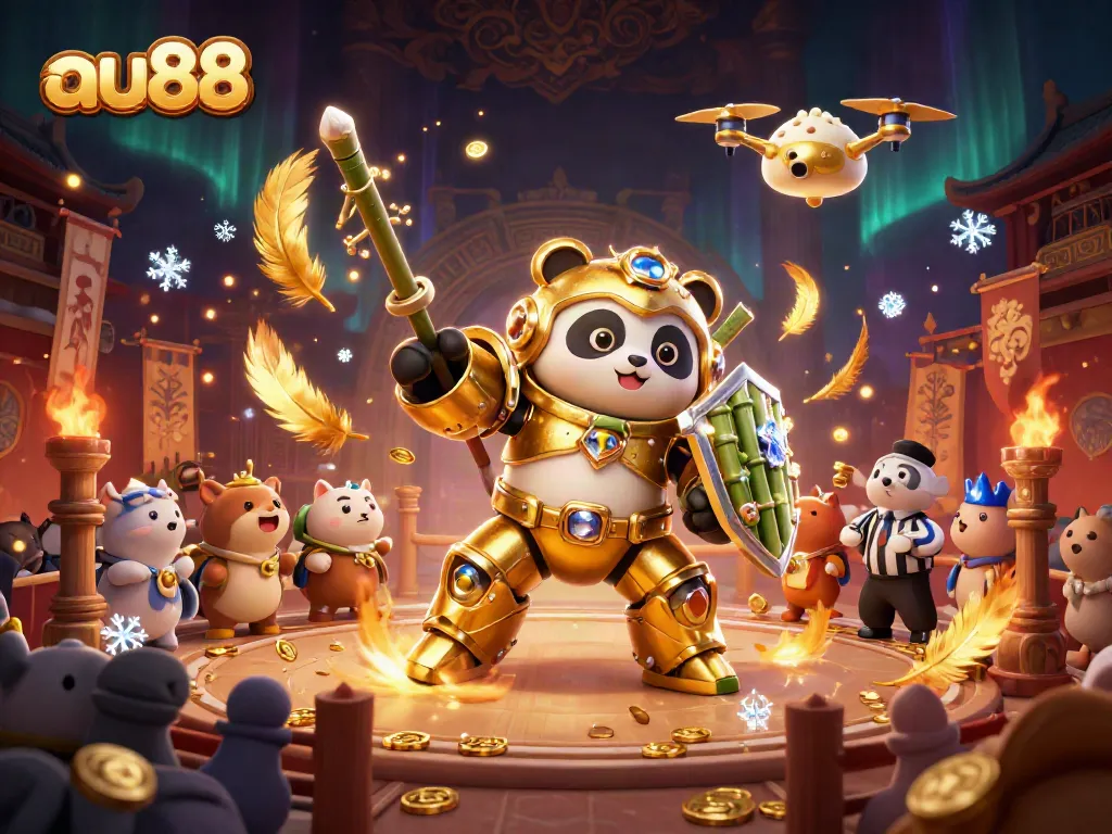 Engage with exciting games at au88, a vibrant 3D animated scene of a panda pilot in a dynamic fighting arena.