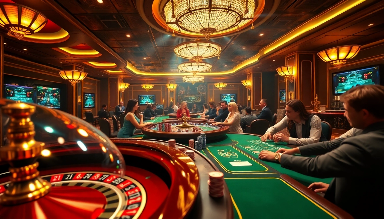 Players engage in thrilling games at https://f168.blue/ casino, showcasing vibrant poker tables and roulette wheels.