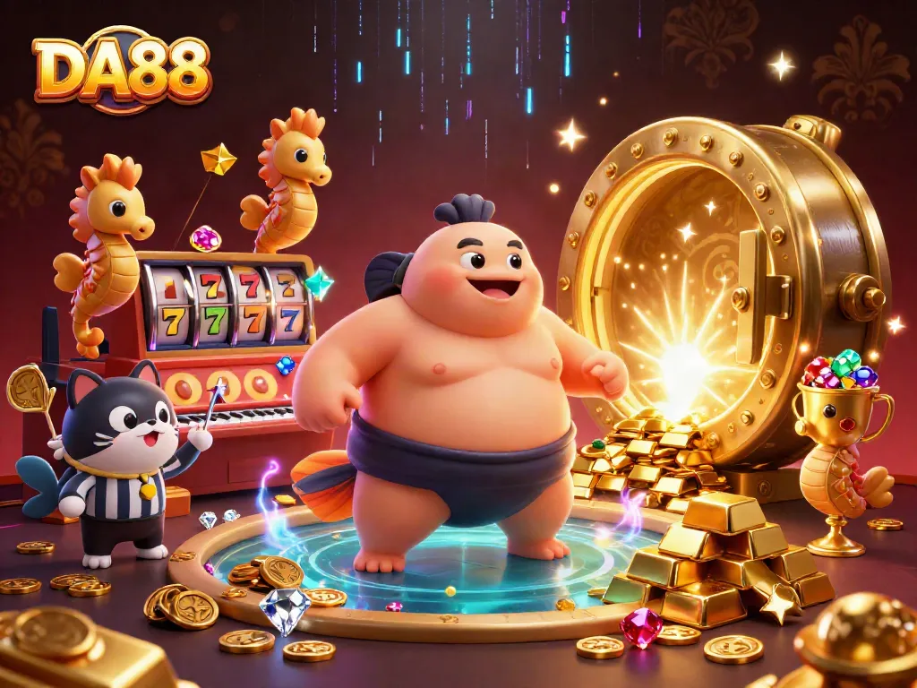 DA88 offers a vibrant underwater casino scene featuring giant treasures and spirited characters engaging in exciting gambling.
