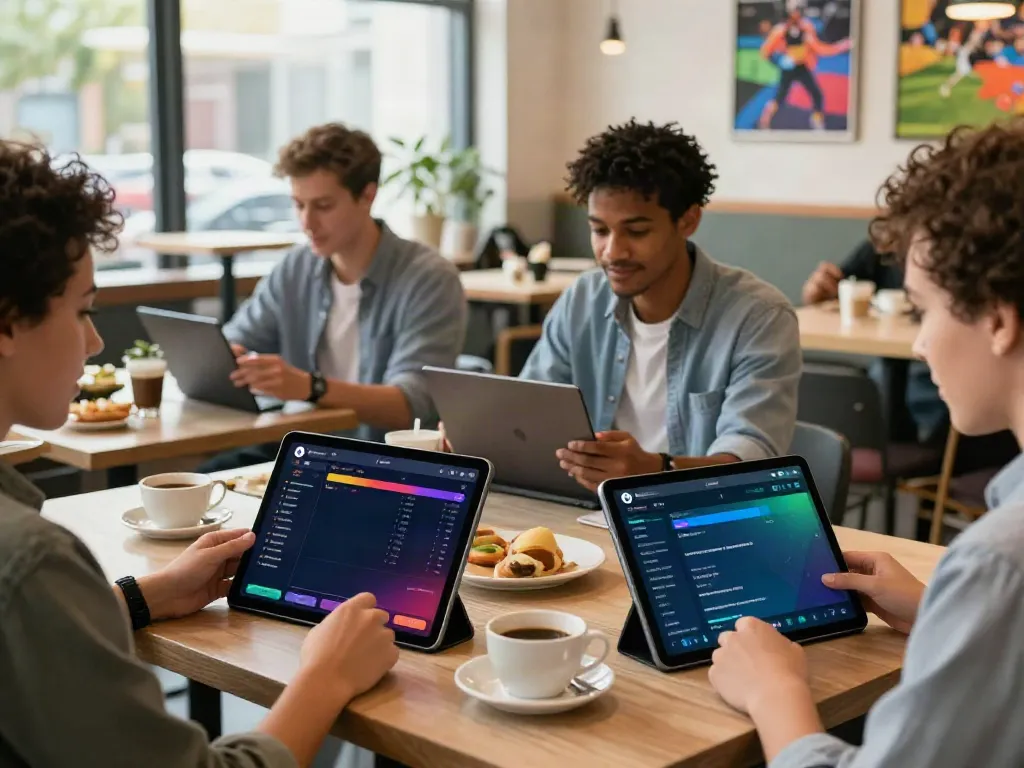 9bet users enjoying online betting in a lively cafe atmosphere, highlighting engagement and excitement.