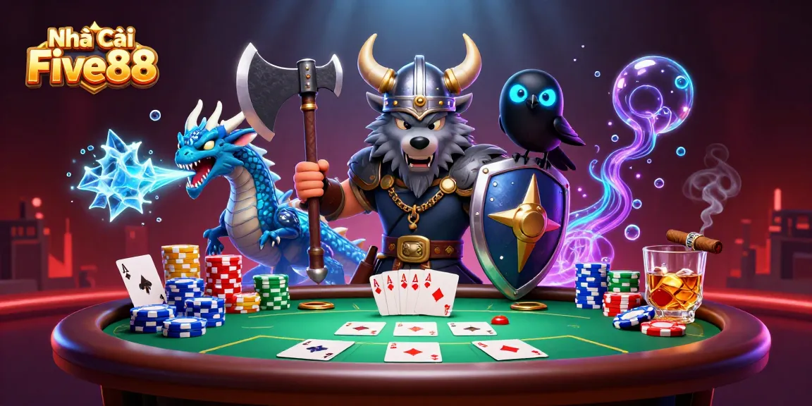 Engage with Nhà cái Five88 through exciting poker scenes, showcasing a Viking warrior and mystical companions.