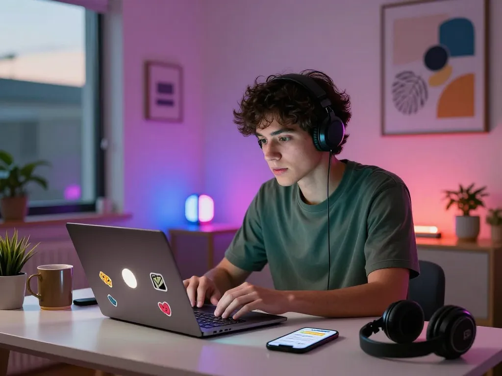 Engaging in ai nsfw chat in a vibrant home office atmosphere.