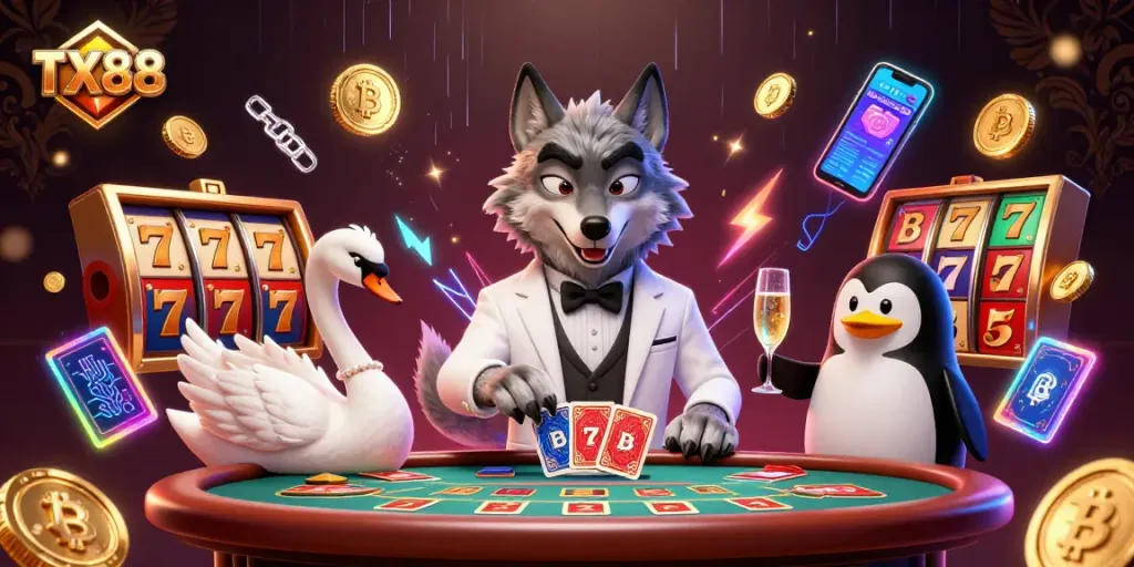 Experience TX88 with vivid slot reels and charismatic characters in a lively casino setting.