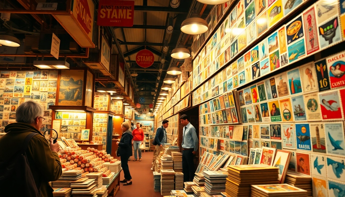 Explore vibrant cheap stamps in a busy market filled with colorful displays and engaging customers.