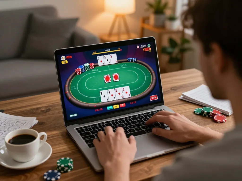 Engaging poker gameplay on 99wincasino visible on laptop screen