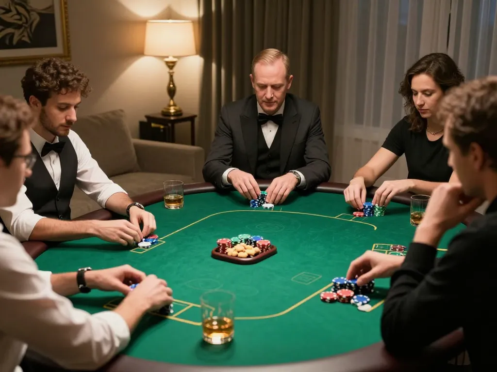 Players strategizing in a high-stakes poker game at FO88, showcasing excitement and luxury.