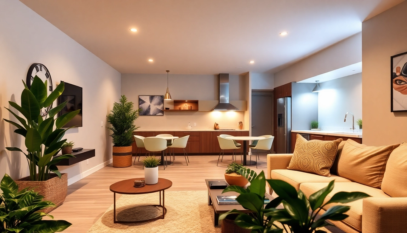 Basement renovation showcasing a cozy living area with contemporary decor and inviting lighting.