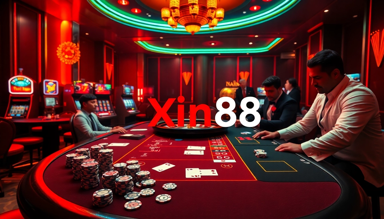Experience thrilling gambling at Xin88 casino with vibrant poker chips and roulette wheels.