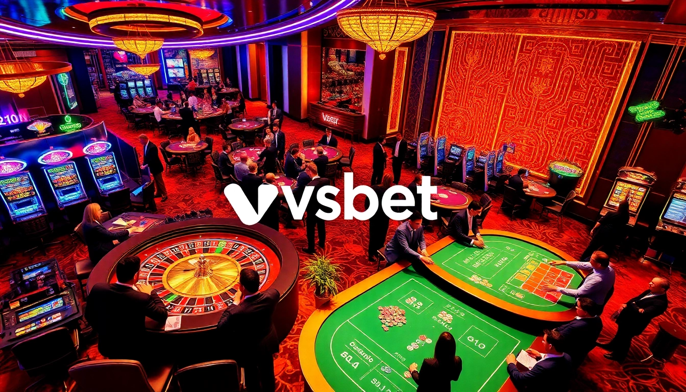 Engaging casino scene featuring players at tables and slot machines, highlighting vsbet betting strategies.