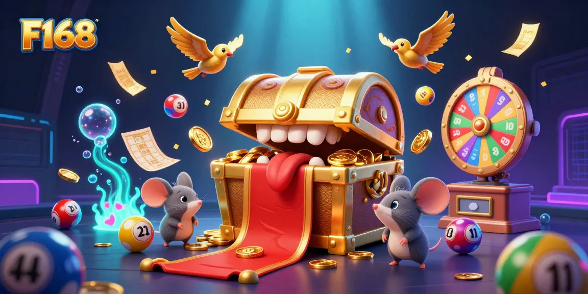 Experience thrilling games at F168 with vibrant lottery balls and golden elements in a lively casino scene.