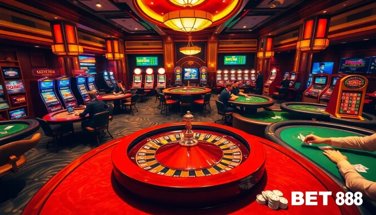 BET88 casino scene with players enjoying roulette and blackjack in a vibrant atmosphere.