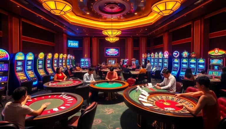 The vibrant atmosphere of Nhà Cái FB88 showcases players enjoying thrilling casino games, from Blackjack to Roulette with lively decor.