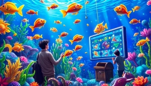 Capture the excitement of bắn cá đổi thưởng with players aiming to catch vibrant fish for rewards in an engaging gaming environment.