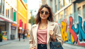 Showcasing contemporary women fashion styles in an urban setting with vibrant colors and trendy accessories.