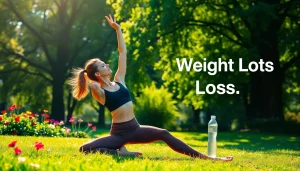 Empowered woman practicing yoga outdoors for her weight loss journey, surrounded by nature.