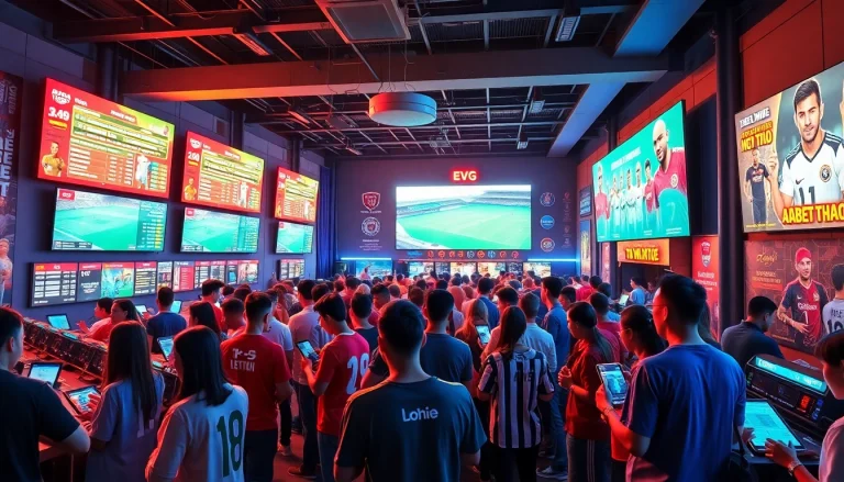 Dabet thể thao - Engaging scene of enthusiastic bettors in a vibrant sports betting arena, analyzing live games and placing wagers.