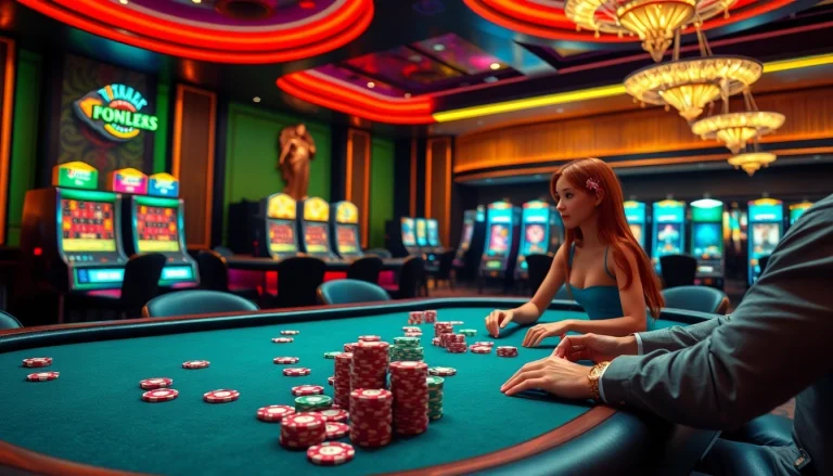 Engage in an ai girlfriend chat at a thrilling casino scene with poker tables and roulette wheels alive with excitement.