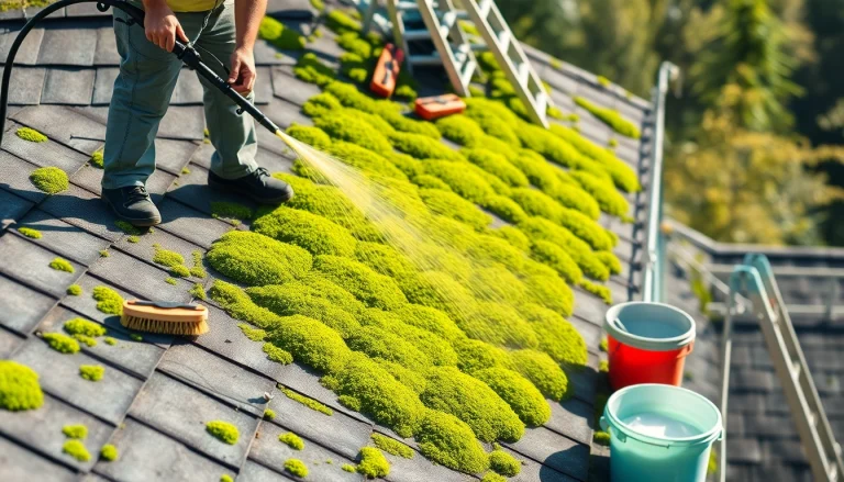Worker engaged in effective moss removal from a rooftop, showcasing before-and-after transformation.