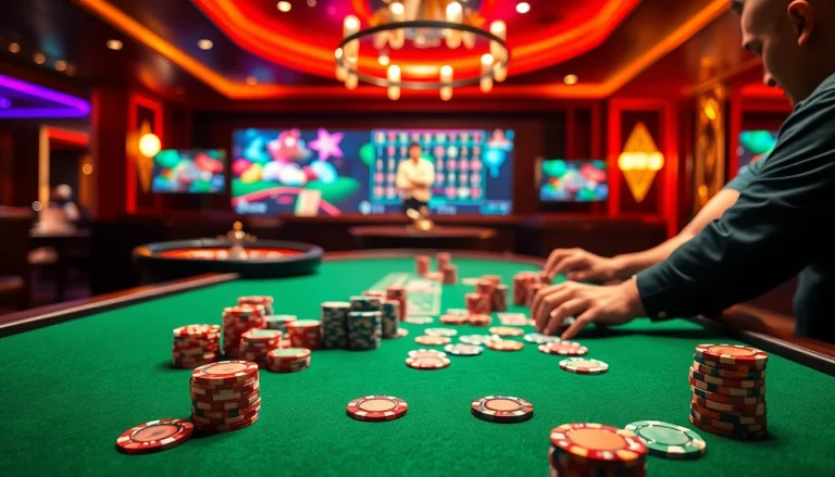 Experience the excitement of bästa utländska casinon with players engaged at a vibrant poker table filled with colorful chips and cards.