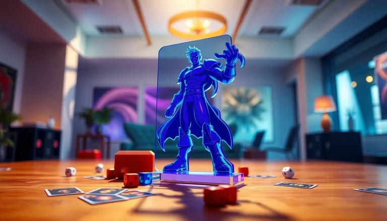 Showcase colorful acrylic standees designed for gaming enthusiasts with a glossy finish and playful elements.
