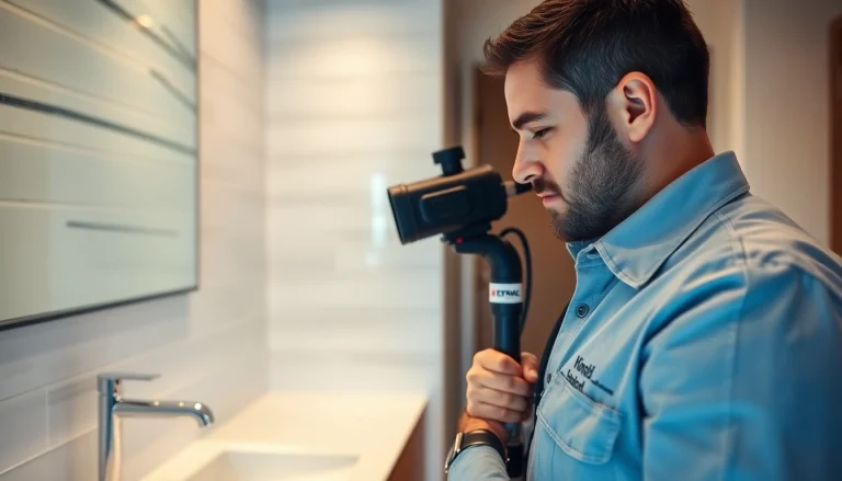 Leak Detection Specialist utilizing advanced equipment to detect hidden pipe leaks in a modern bathroom.