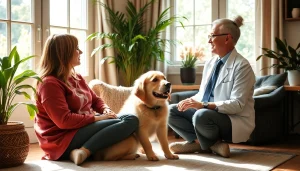 Anxiety treatment Sydney: Engaging therapy session with a psychologist and therapy dog in a calm setting.