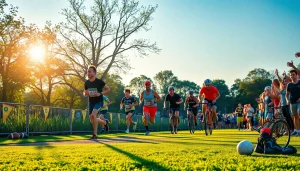 Capture the excitement of 'sports abc' with athletes racing towards victory in a vibrant outdoor event.