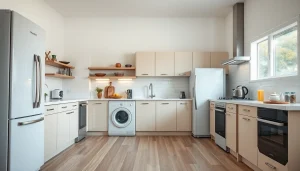 Explore top-notch бяла техника appliances like dishwashers and ovens in a stylish kitchen setup.