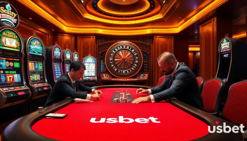 High-stakes gambling scene with poker players and usbet slot machines, showcasing excitement and elegance.