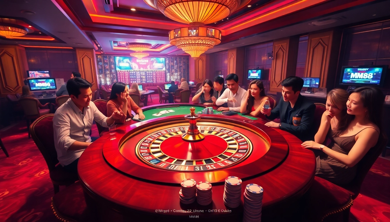Players in an exciting casino setting engage in a game influenced by MM88's online betting.