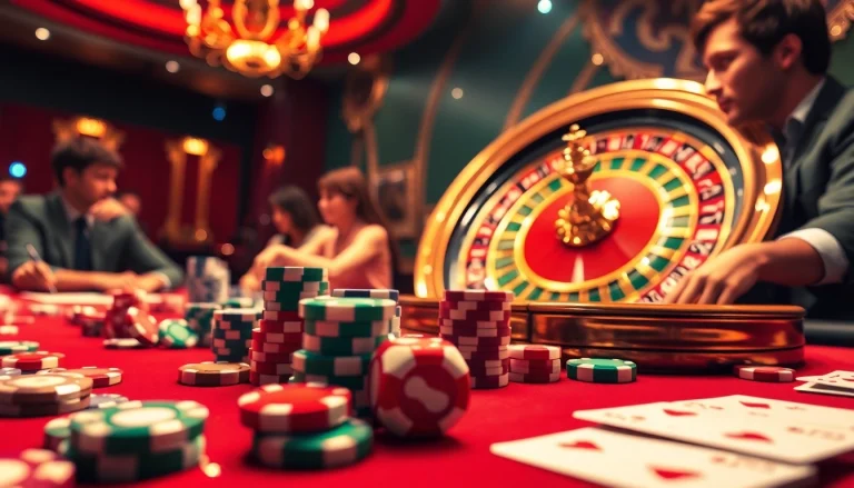 Oke99 players enjoying an exciting poker game with vibrant chips and lively casino ambiance.