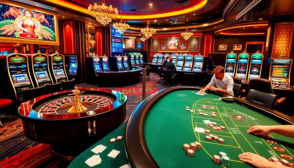 Engaging players at a luxurious casino with roulette and poker, highlighting the excitement of https://nk88.diy/.