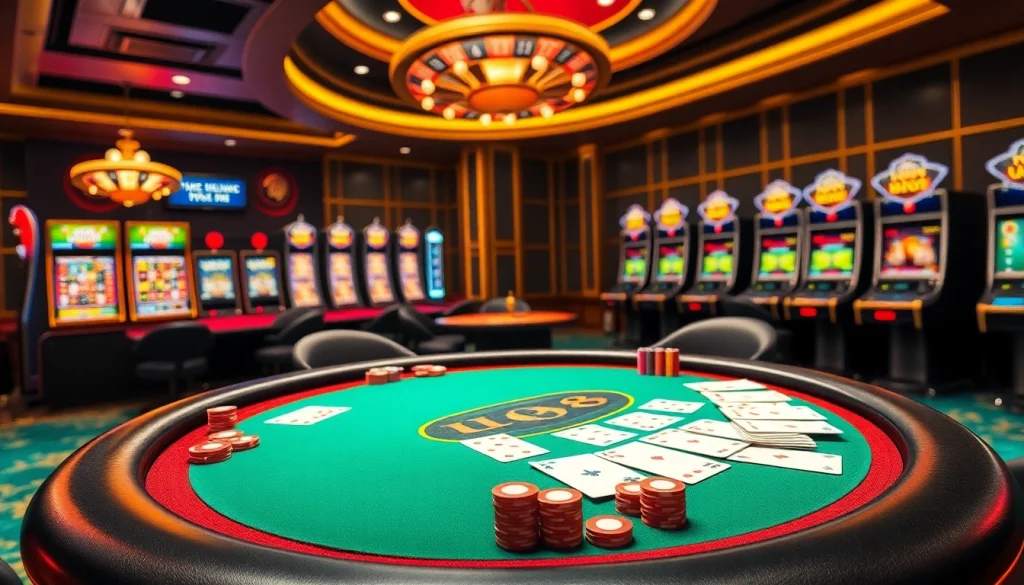Experience the excitement of U888 with vibrant casino tables, cards, and slot machines.