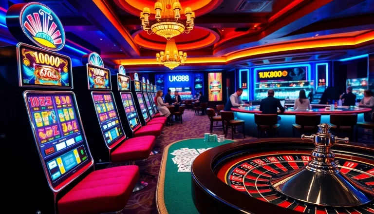 Uk88 uy tín không: Exciting scene of a luxurious casino environment with players at tables and slot machines.