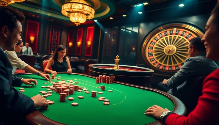 Players enjoying poker chips and roulette at king88 casino, embodying thrill and luxury.