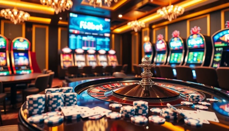 F8bet gaming atmosphere featuring roulette wheel, poker chips, and digital betting interfaces.