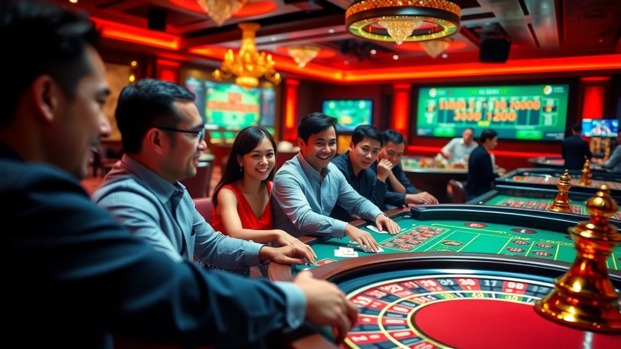 Experience the excitement of online gaming at https://mm88.agency/ with vibrant casino scenes, players engaged in thrilling games.