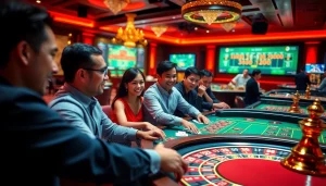 Experience the excitement of online gaming at https://mm88.agency/ with vibrant casino scenes, players engaged in thrilling games.