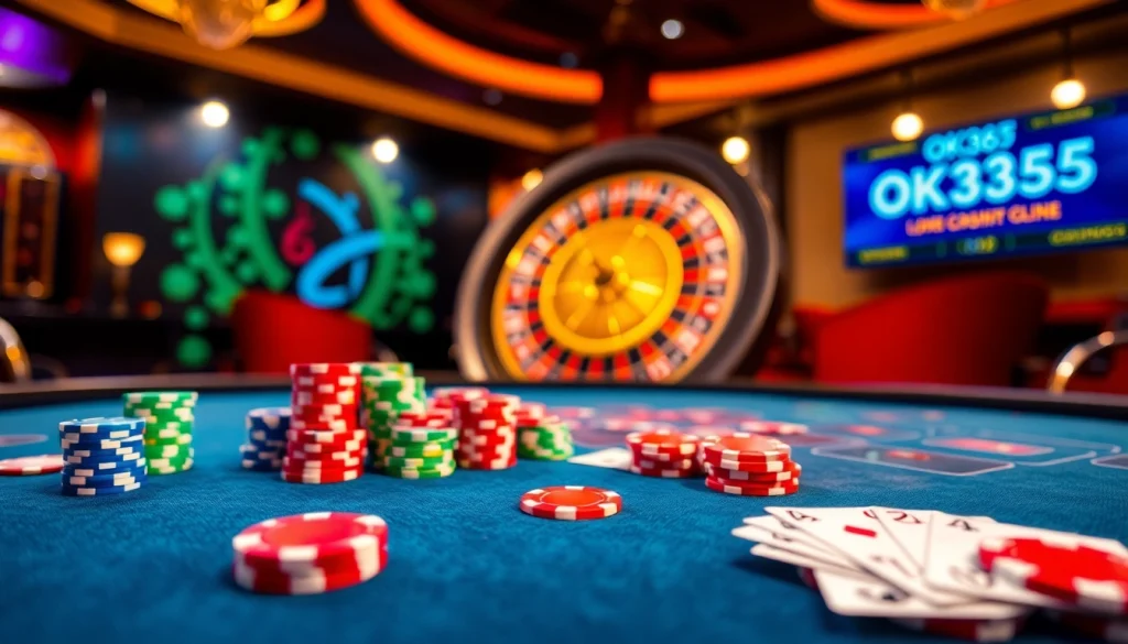 Engage with the thrilling OK365 link while playing at a vibrant poker table with chips and cards.