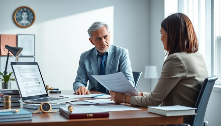 Sworn translation professional working diligently in an office setting, surrounded by legal documents and translation tools.