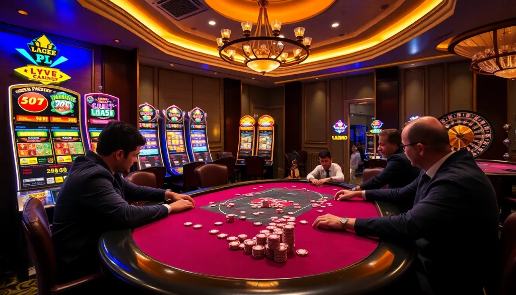 Players strategizing at a poker table in a luxurious casino atmosphere on https://vb88.uk.net/.