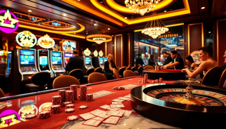 Engaged players at thabet poker table with vibrant casino ambiance and luxury touches.